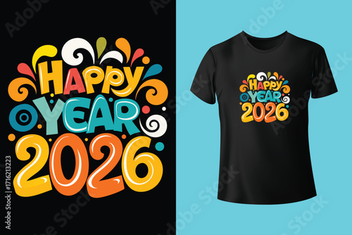 Happy new year 2026 celebration design with clock and fireworks on white t shirt mockup