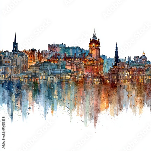 Edinburgh Skyline Watercolor: Capturing the grandeur of the city skyline, this watercolor artwork features a dynamic and colorful perspective, creating a vivid reflection of architecture.