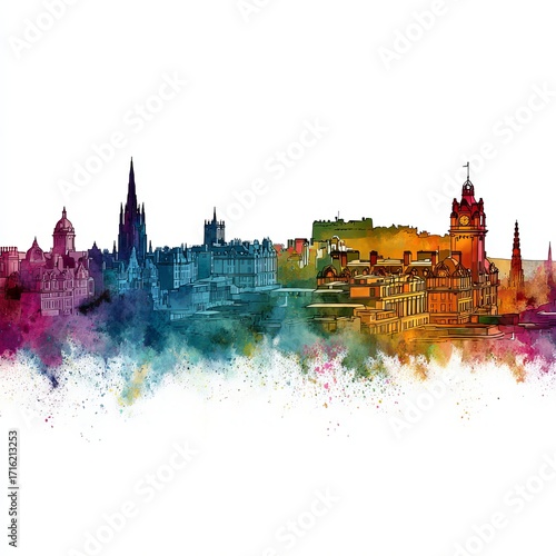 Edinburgh Skyline Watercolor: A vibrant watercolor portrayal of the iconic Edinburgh skyline, showcasing its historic buildings and landmarks with a splash of artistic flair.