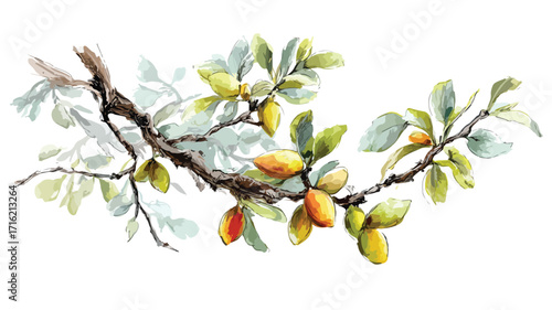 Elegant Hand Drawn Watercolor Argan Tree Branch Illustration for Creative Projects