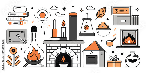 Cozy home decor elements featuring fireplaces terrariums and bookshelves detailed line art
