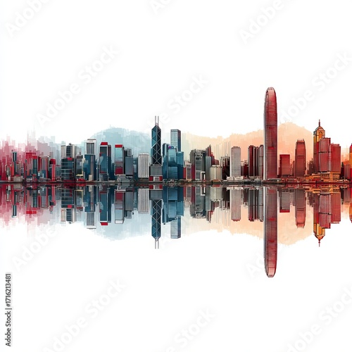 Urban Silhouette: A captivating artistic portrayal of a modern cityscape, its towering skyscrapers mirroring in a calm expanse of water, showcasing architectural harmony and a sense of urban elegance.