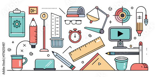 Creative studio supplies and tools collection for design and drafting work