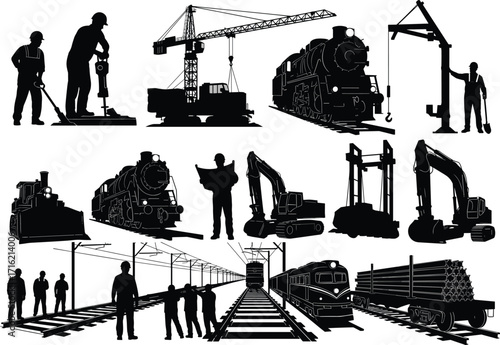 silhouette, construction, railway, train, locomotive, worker, crane, excavator, jackhammer, blueprint, track, freight, cargo, site, equipment, vector, black, icon, design, industrial