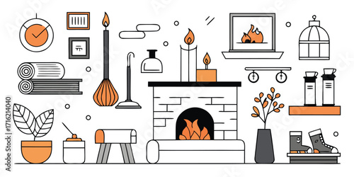 Cozy living room elements collection featuring fireplace candles plants and decor items