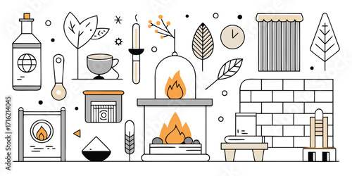 Cozy home decor elements featuring a fireplace and various objects line drawing style