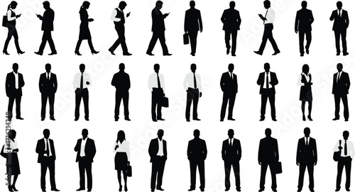 Business professional silhouettes, corporate figures, formal attire icons, career poses, office staff, mobile usage, briefcase holders, workplace gestures, black and white visuals