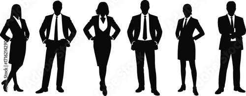 Business professional silhouettes, corporate team icons, leadership stance, formal attire figures, career visuals, office staff, confident posture, black silhouettes, workplace unity, executive style