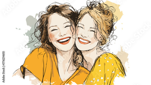 Joyful Young Women Embracing Together - Vector Illustration
