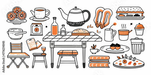 Cozy dining scene with food drinks chairs and table doodle style sketch