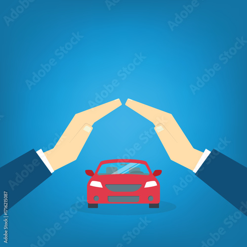 Car with a protective hands. For security concepts, protection of private property. Insurance, mortgage, credit.	
