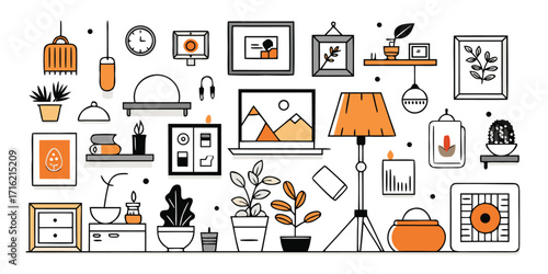 Cozy home decor sketch collection featuring lamps plants and framed art