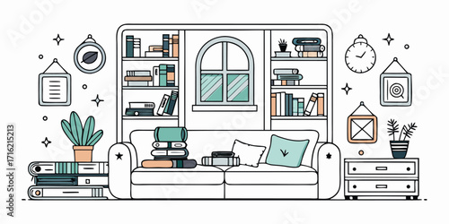 Cozy living room sketch with sofa bookshelf and decorative elements