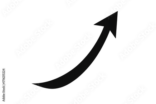 Black upward curved arrow with sleek minimal design pointing diagonally up-right isolated on white