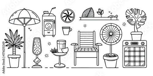 Diverse collection of household items including furniture lighting and decorative plants sketch style