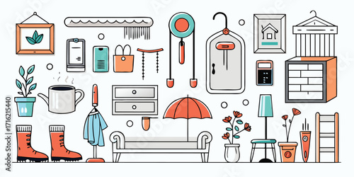 Collection of home decor items furniture sketches cozy living room elements and storage solutions