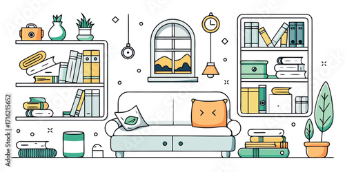 Cozy living room scene with sofa bookshelves window and plants hand drawn style