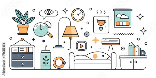 Cozy bedroom elements decorative art style icons set living room furniture decor