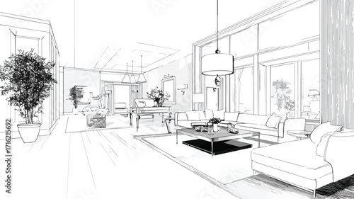 Professional Interior Design Sketch Perspective with Paint Elements