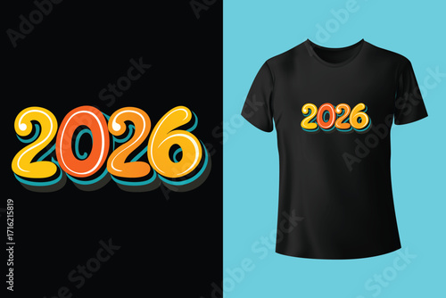 Happy new year 2026 celebration design with clock and fireworks on white t shirt mockup