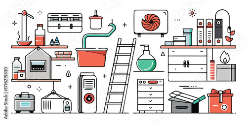 A vibrant line drawing of a laboratory filled with equipment and supplies for scientific research