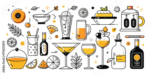 Collection of hand drawn drinks desserts and barware elements for refreshment and celebration