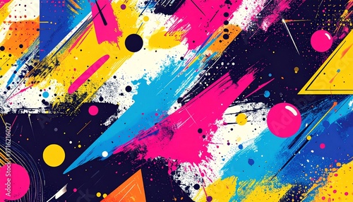 Abstract pop art color paint splash pattern background. Vector overlay geometric design of trendy Memphis 80s-90s style