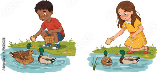 Happy children feeding ducks in pond, boy and girl giving bread, outdoor nature activity, cartoon kids enjoying animals and wildlife
