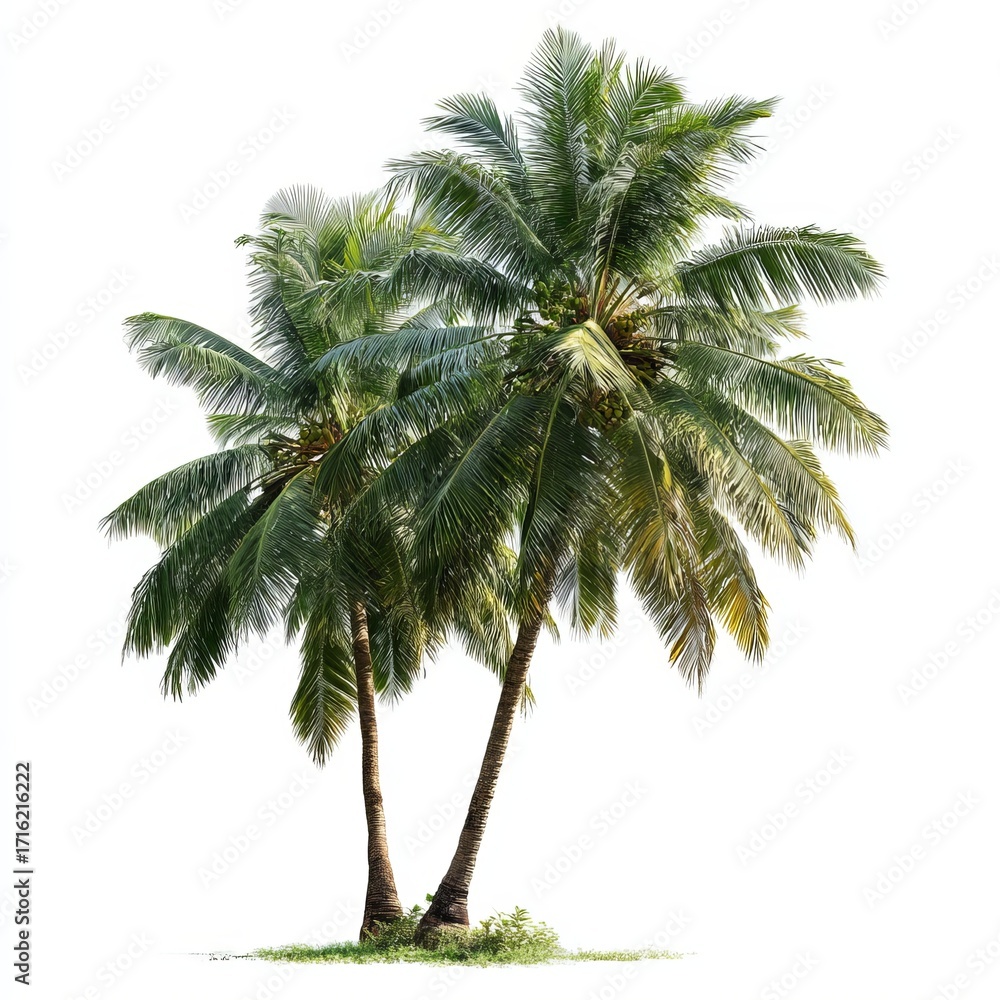Obraz premium Tropical Palm Trees: Two majestic palm trees stand tall, their vibrant green fronds rustling gently in the warm breeze, offering a glimpse of a tropical paradise.