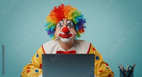 Clown with Rainbow Wig and Red Nose Working on Laptop with Surprised Expression