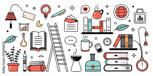 Whimsical doodle collection featuring books plants ladder lamp and coffee for creative inspiration