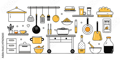 Illustrated kitchen scene featuring utensils pots pans appliances and shelving with food items