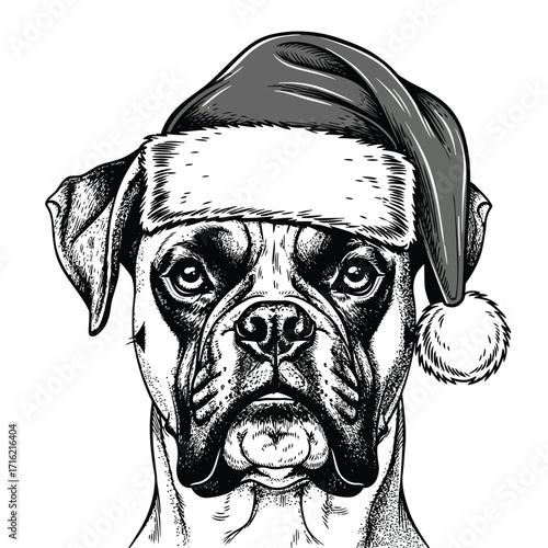Vector art of boxer dog wearing a santa hat