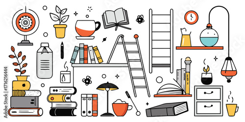 Collection of cozy home decor items and study essentials hand drawn style