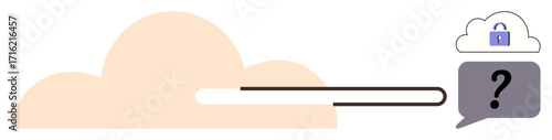 Cloud storage connecting to a locked padlock and speech bubble with question mark. Ideal for data privacy, online security, encryption, cloud computing, cybersecurity, protection, simple flat