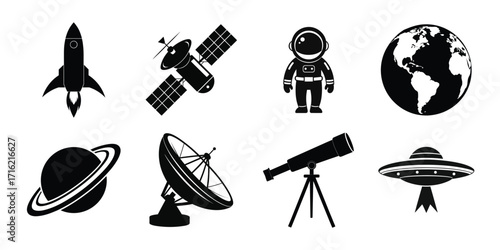 Black and white space theme clip art icons rocket satellite