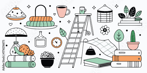 Charming hand-drawn home decor elements featuring cozy living room scenes and sweet treats