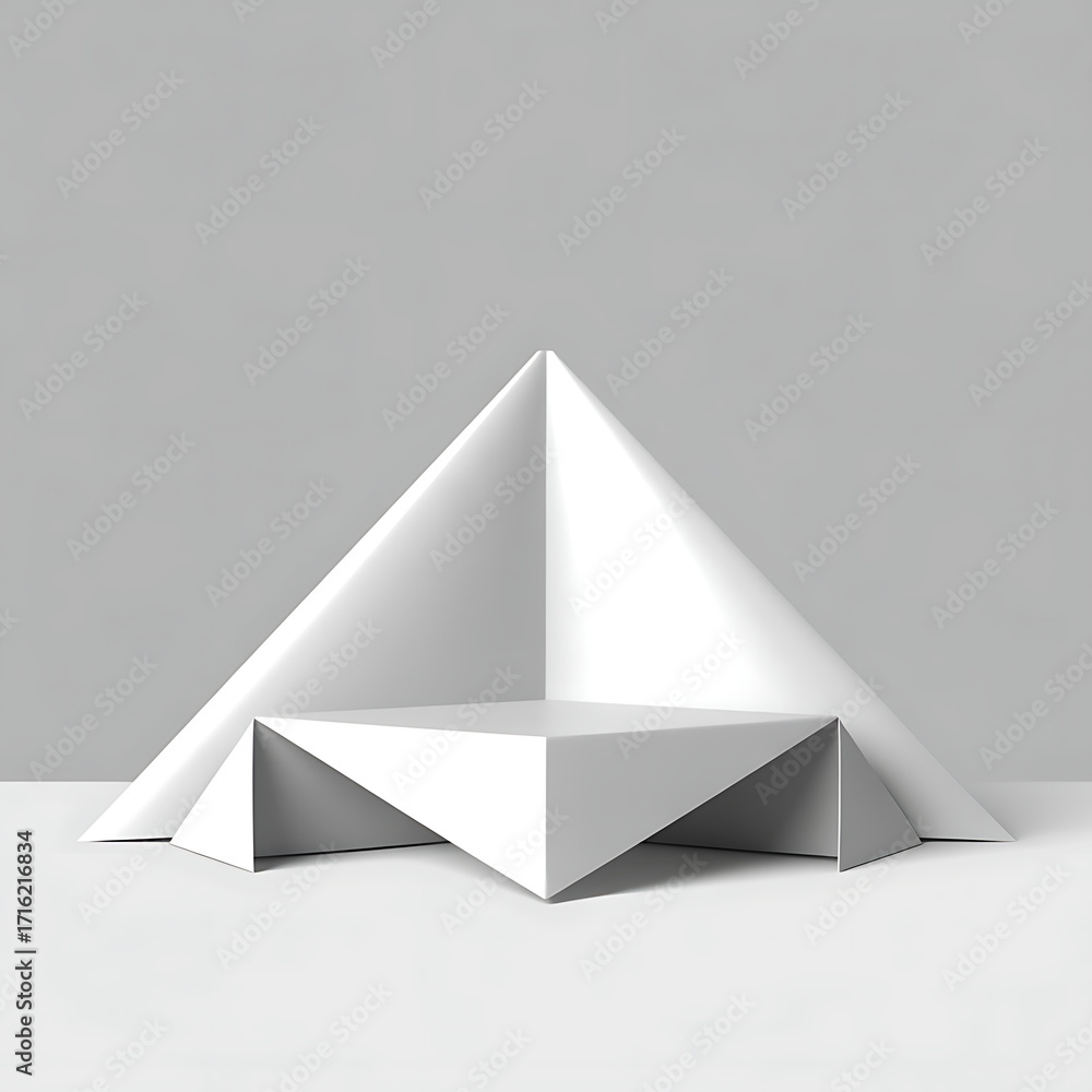 Fototapeta premium Minimalist white geometric origami paper sculpture with sharp angles and clean lines on a grey background