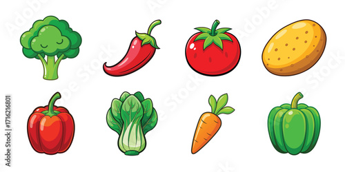 Cute cartoon vegetables collection broccoli red chili pepper