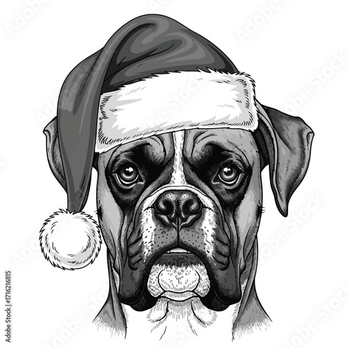 Vector art of boxer dog wearing a santa hat, christmas, holiday, festive, portrait