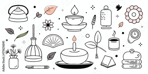Hand-drawn sketch collection of spa and aromatherapy objects and decorative elements for relaxation