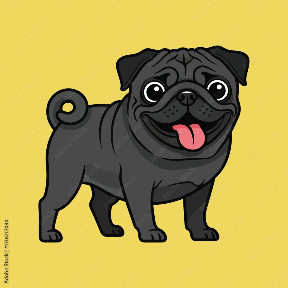 Fototapeta premium Vector art of black pug dog smiling, happy, isolated on yellow background