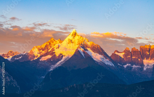 Beautiful scenery of Meili Snow Mountain in the sunshine at Deqin County, Shangri-La, Diqing, Yunnan