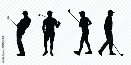 Silhouette male golf golfer golfing action poses in the ground . Transparent PNG available
Silhouette illustration of golfers in various swinging and standing poses with golf clubs  . 