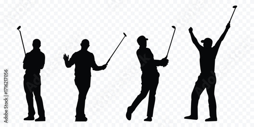 Silhouette male golf golfer golfing action poses in the ground . Transparent PNG available
Silhouette illustration of golfers in various swinging and standing poses with golf clubs  . 