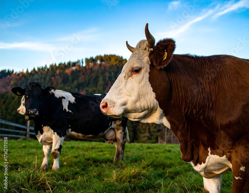 Two cows grazing in a meadow