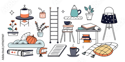 Cozy home decor elements sketch collection with furniture plants and accessories