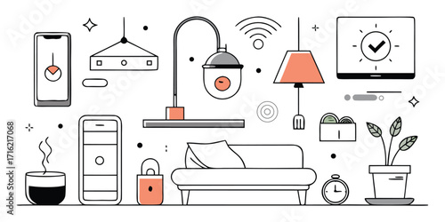 Smart home devices and furniture icons for modern living room and home automation concepts