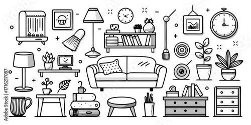 Hand drawn sketch collection of living room furniture and decor items cozy home elements