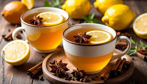 Two cups of warm spiced tea with lemon slices